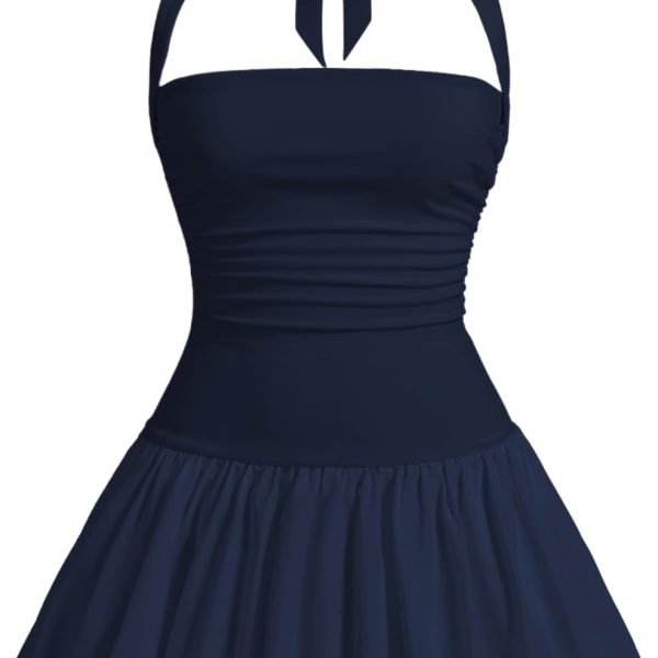 Women's Bubble Mini Dress Y2K Halter Backless Club Party Graduation Short Dresses with Shorts Underneath