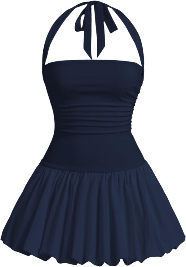 Women's Bubble Mini Dress Y2K Halter Backless Club Party Graduation Short Dresses with Shorts Underneath