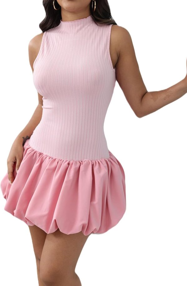 Bubble Dress for Women Sexy Sleeveless Mock Neck Knit Mini Y2K Cute Bodycon Short Dress