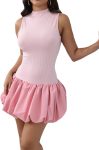 Bubble Dress for Women Sexy Sleeveless Mock Neck Knit Mini Y2K Cute Bodycon Short Dress