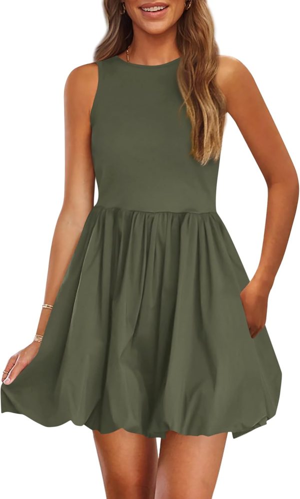 Summer Dresses for Women 2026 Casual Sleeveless Tank Mini Short Dress Crew Neck Bubble Sundress with Pockets