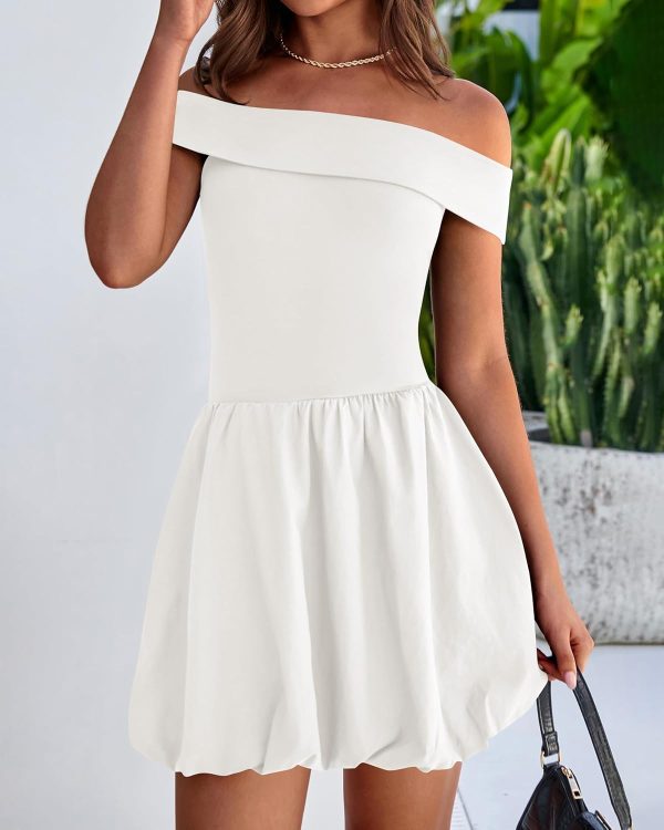 Women Summer Sexy Off Shoulder Bubble Dress 2026 Knit and Woven Cocktail Party Mini Dresses with Pockets