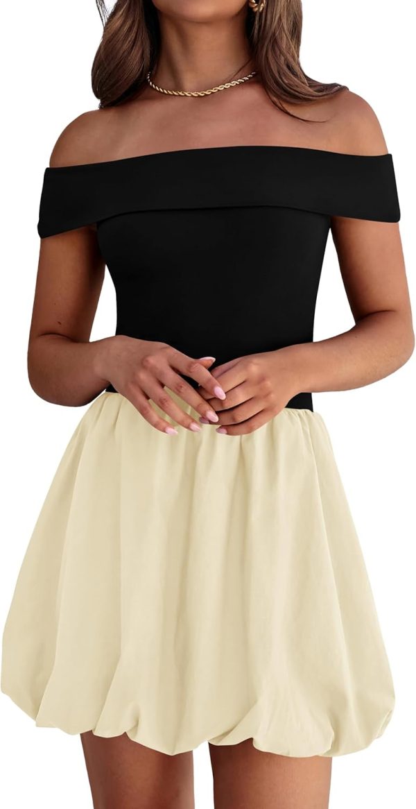 Women Summer Sexy Off Shoulder Bubble Dress 2026 Knit and Woven Cocktail Party Mini Dresses with Pockets