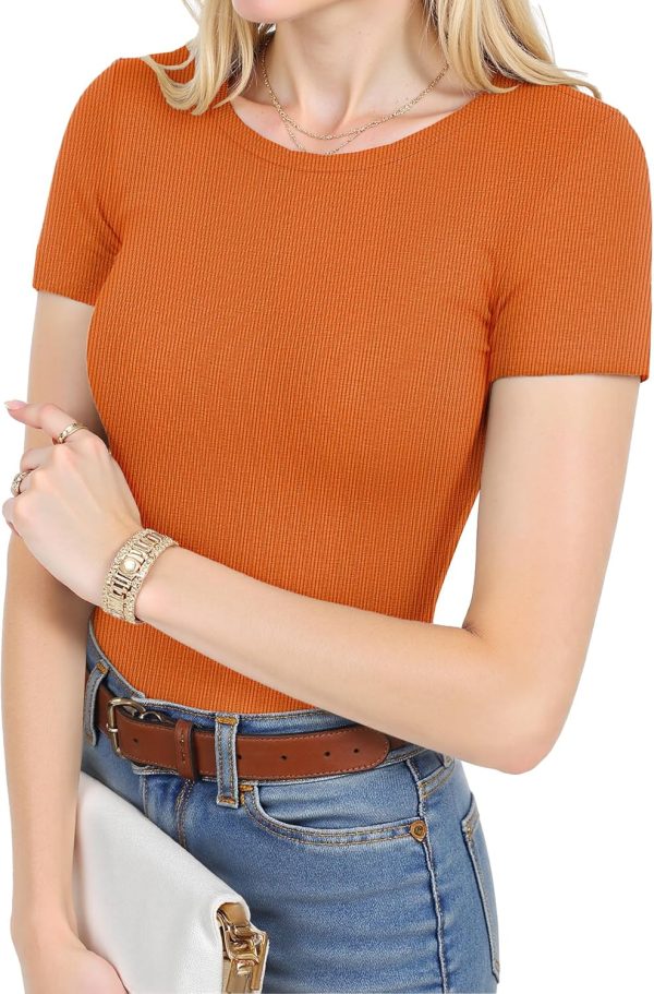 Women's Crew Neck Basic Short Sleeve T Shirt Ribbed Knit Slim Fitted Tees Casual 2026 Summer Going Out Top